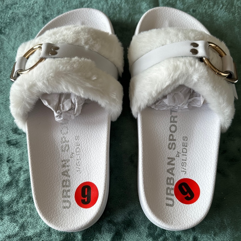 Cozy White Plush Slippers with Gold Buckle (never worn)